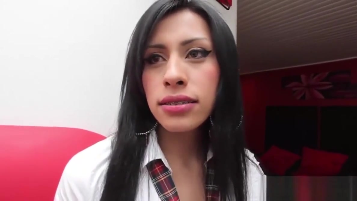 Uniformed latina tgirl jerking while toying