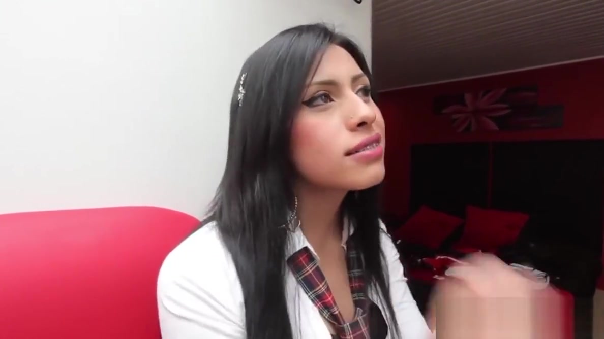 Uniformed latina tgirl jerking while toying