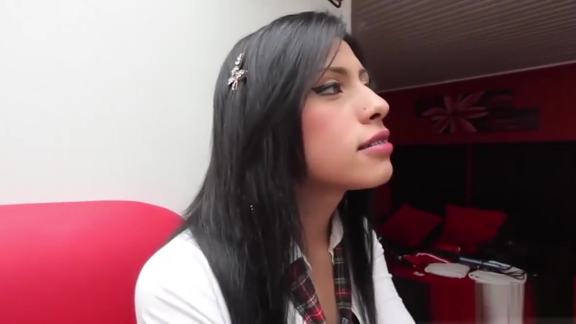 Uniformed latina tgirl jerking while toying
