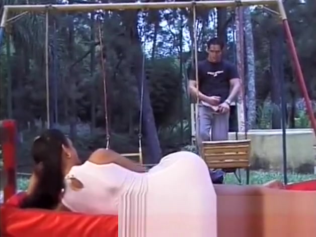 Busty shemale fucks in the garden