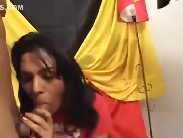 Horny TS sucker for two cocks