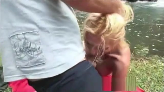 Blonde shemale takes it anally outdoors