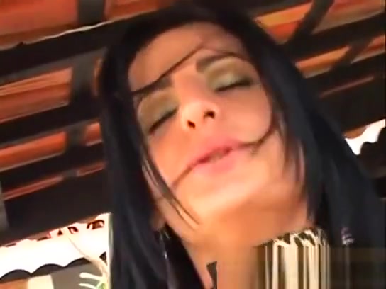 Slim Tgirl fucked on the table outside