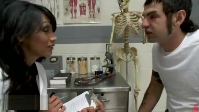 Guy licks feet to busty tranny in clinic