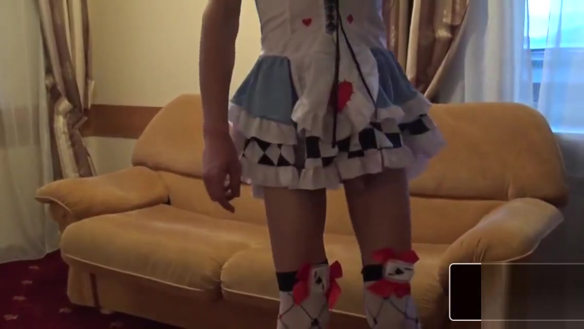 Femboy plays with her cock in alice costume
