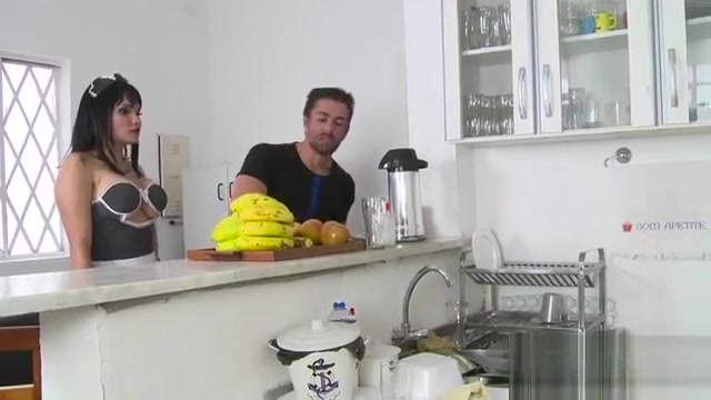 Guy bangs busty tranny maid at home
