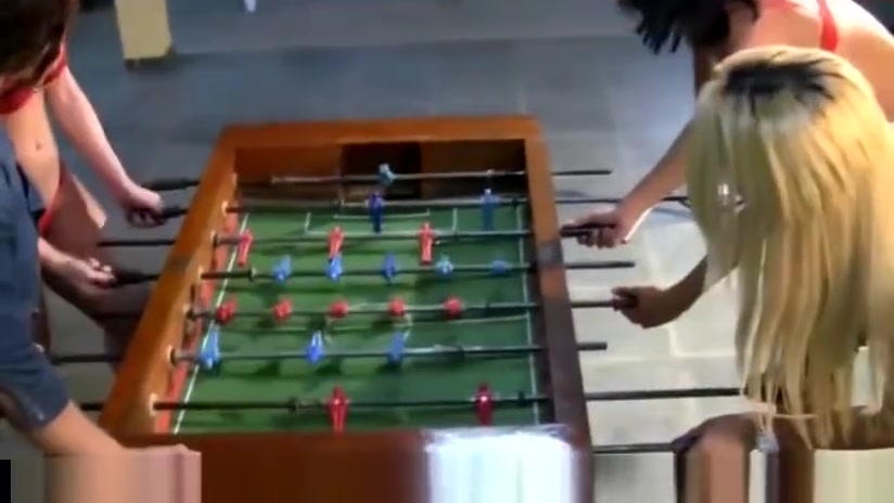 Awesome 4 TS play foosball in lingerie and bang big asses!