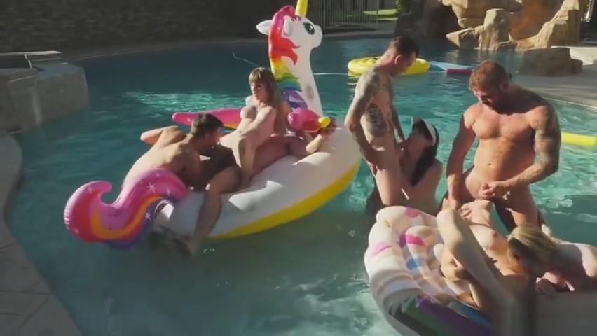 4 trannies and 4 guys have an anal fucking pool party orgy