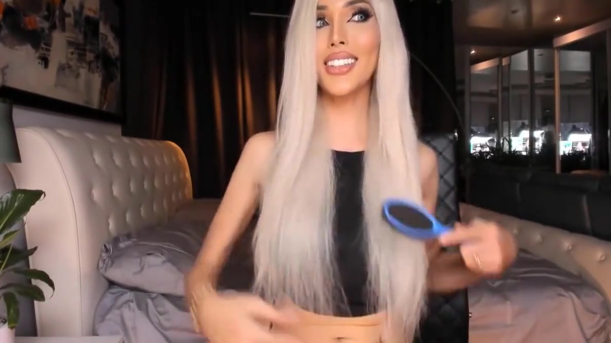 Gabi Lins In White Hair Hot Tgirl Ladyboy Masturbate Cock With Tattoo