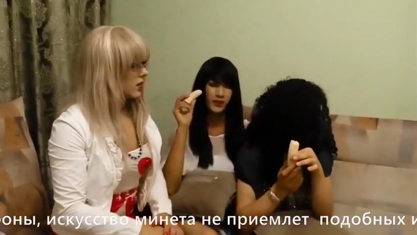 Crossdressers playing with bananas
