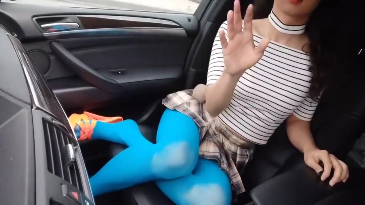Ponnyboy Is Walking In The Street Withe Sexy Blue Pantyhose