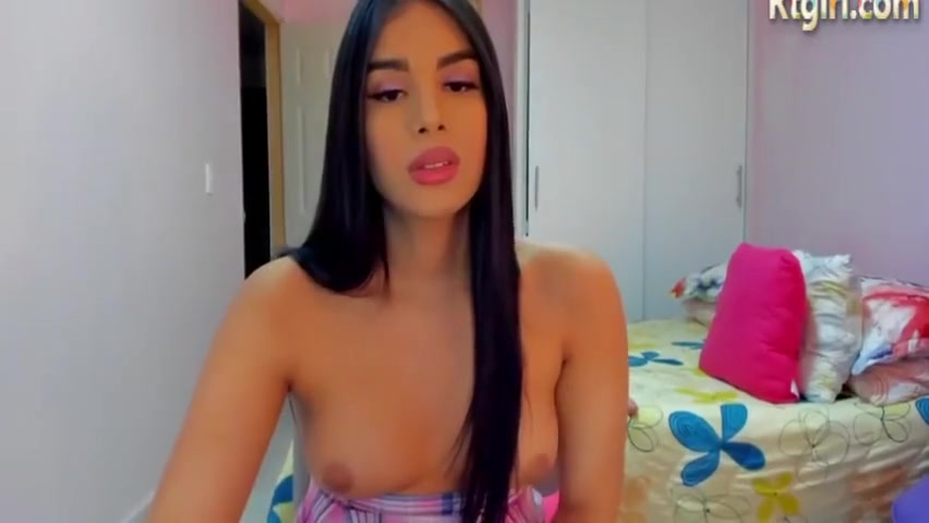 Long Black Haired Latina Shemale Beauty In Stockings Jerks Off Her Cock On Webcam