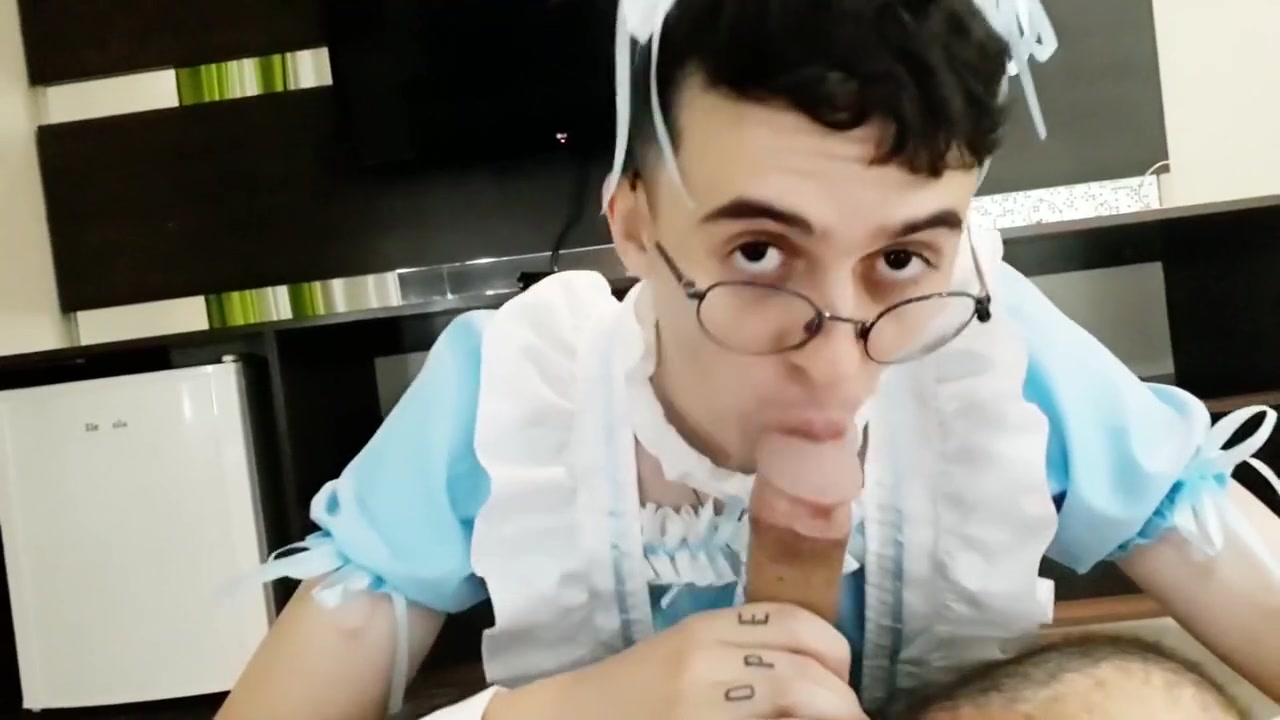 Cute Femboy In Maid Dress Blows His Bears Cock Until Its Hard