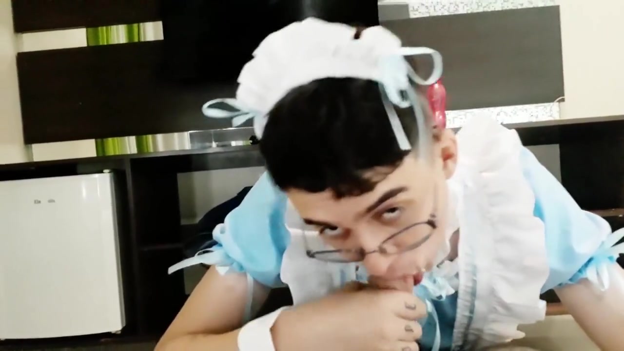 Cute Femboy In Maid Dress Blows His Bears Cock Until Its Hard