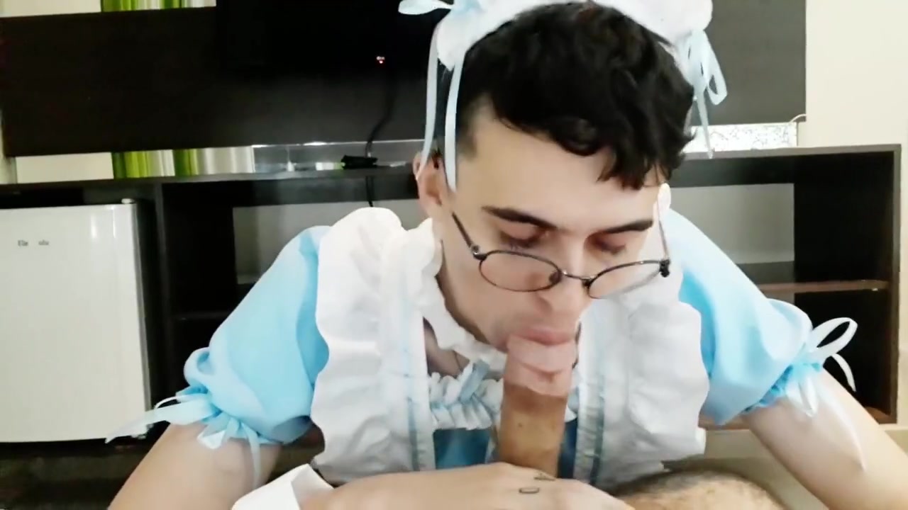 Cute Femboy In Maid Dress Blows His Bears Cock Until Its Hard