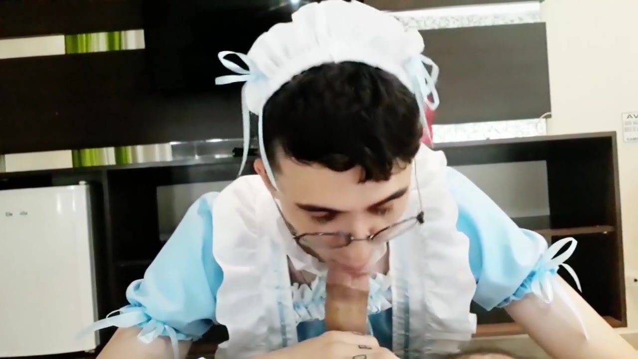 Cute Femboy In Maid Dress Blows His Bears Cock Until Its Hard