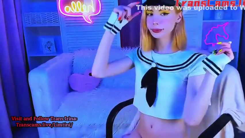 Skinny Russian teen 18+ Transgirl In Navy Shirt Strokes Her Tiny Dick On Webcam