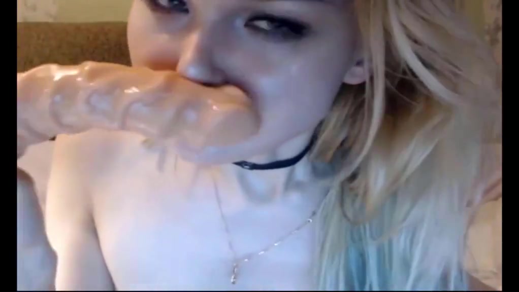Sexy Blonde Trans Slut Deepthroats Dildo