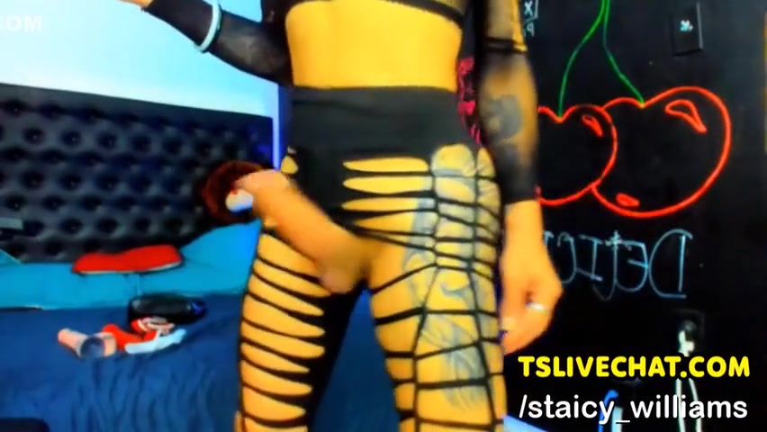 Tattooed Shemale Jerking Cock
