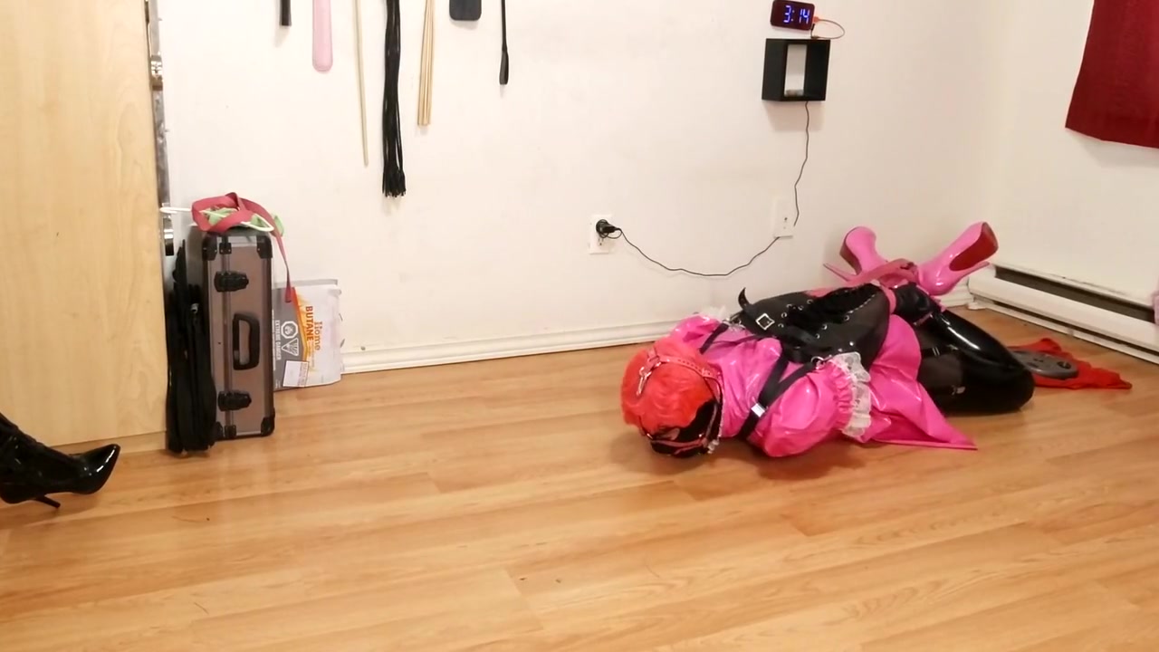 Crawling Hogtied With 10lb Weight Tied To Balls In Chastity And Gagged