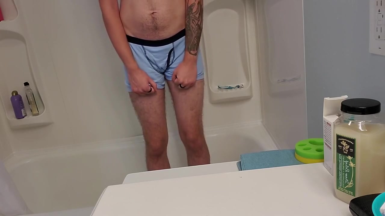 Desperate Young Man Boxer Pissing In Shower