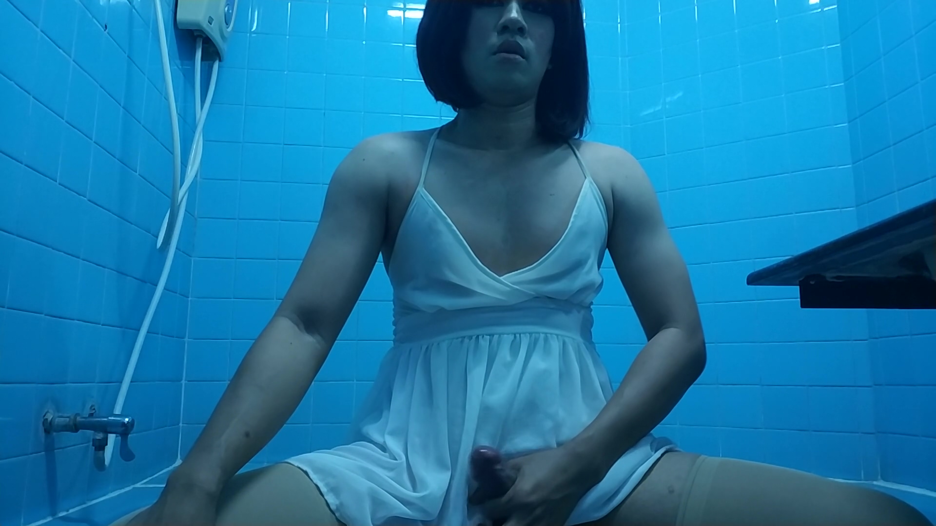 Crossdresser Cumshot White Dress