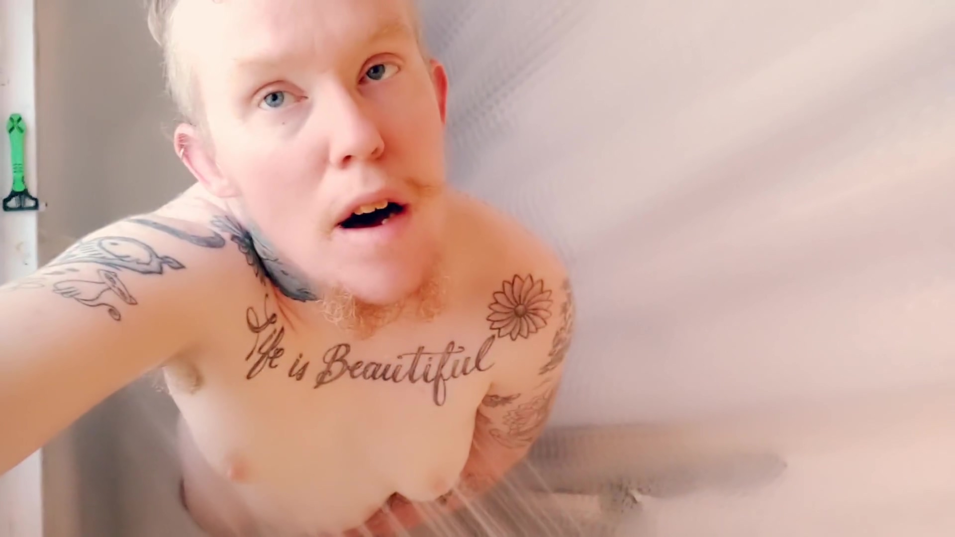 Trans Man Plays With His Erect Nipples Edging In Shower