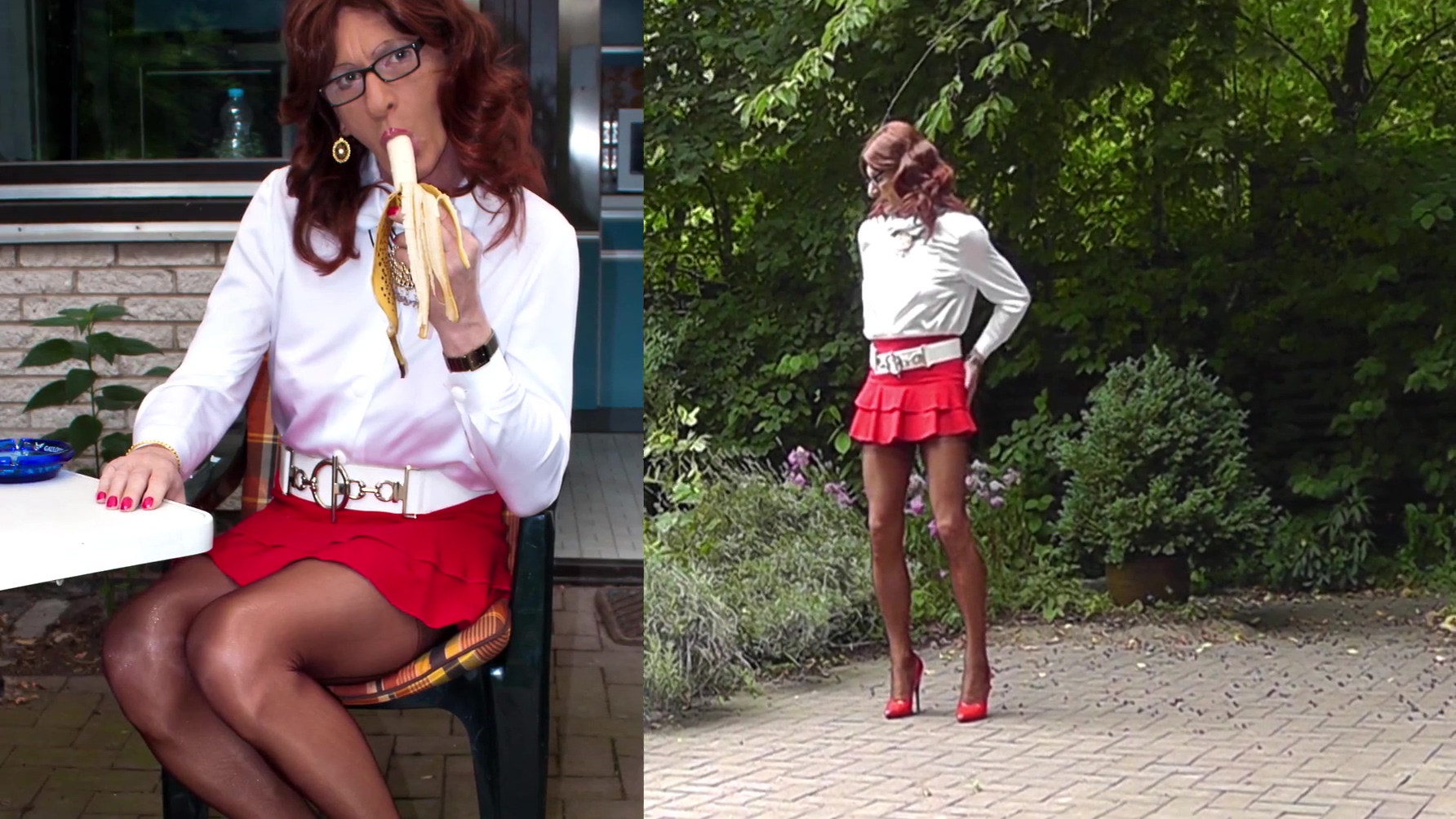 Fuckable Bum In A Red Miniskirt And Nylon Stockings