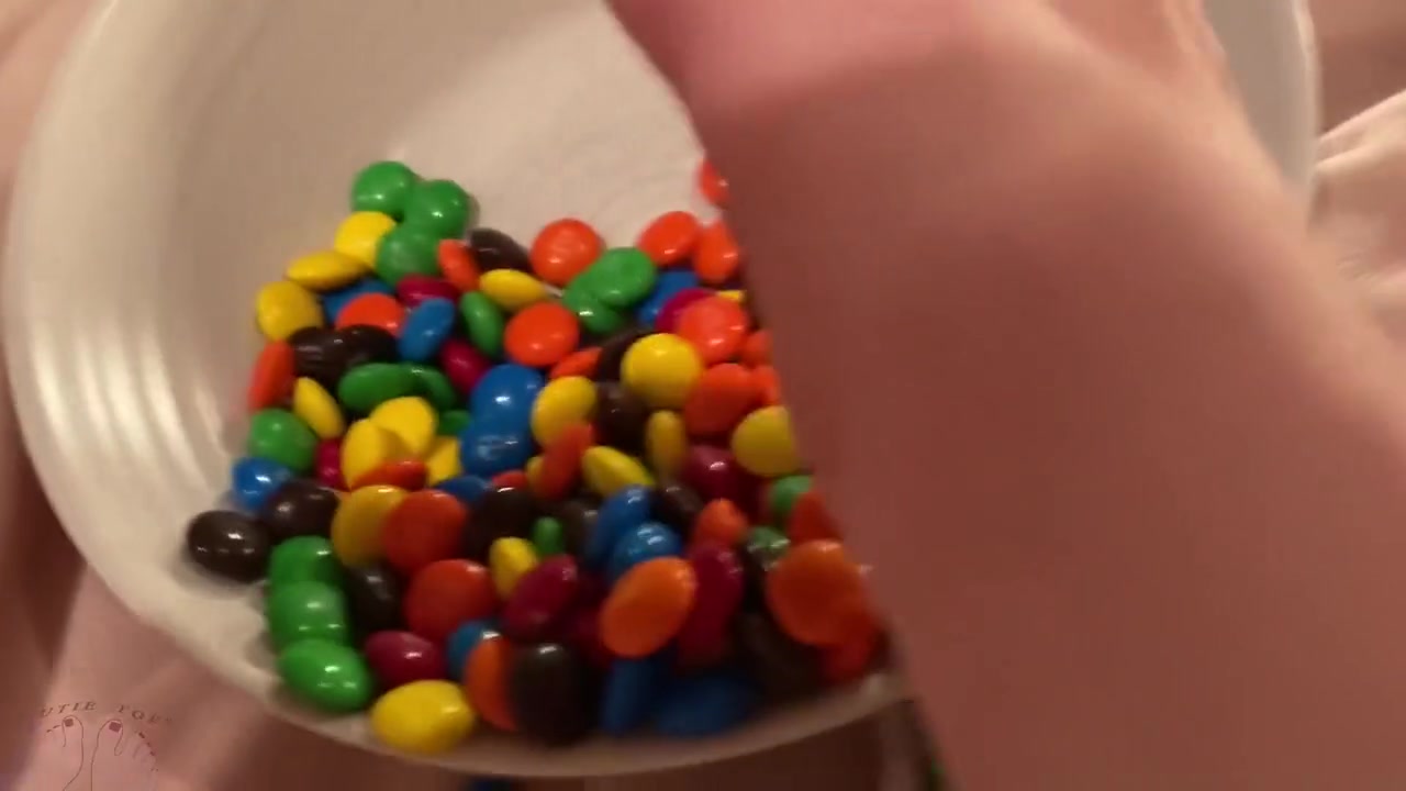 Food Play - Trans Girl Plays With M&ms With Her Feet And Balls