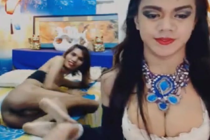 Sexy duo shemale babe sucking each other cock