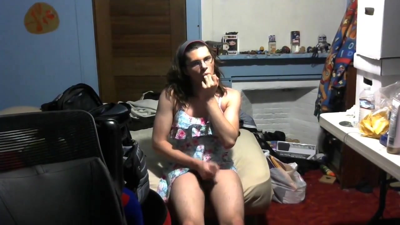 Femboy masturbating showing off in slutty dress butt plug