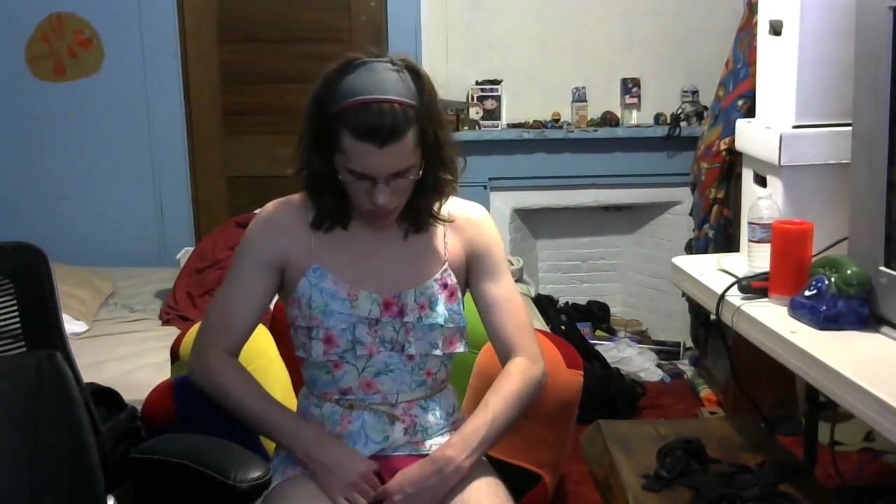 Femboy masturbating showing off in slutty dress butt plug