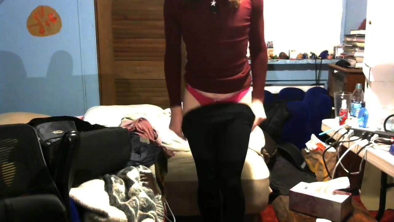 Femboy slut see through leggings pink thong self facial