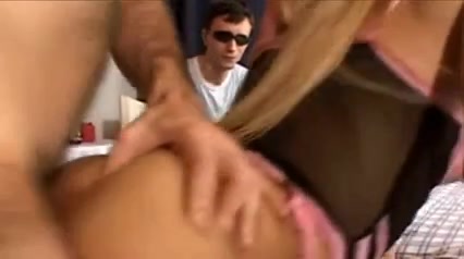 Two hot guys drill blonde lingeried tranny