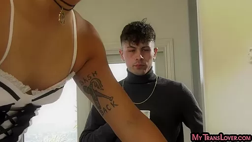 Pink hair trans maid in lingerie pounded from behind