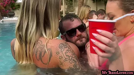 TS group sex with stunning cockhungry trans sluts in pool