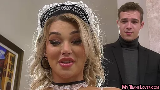 Trans maid in lingerie rides boss cock after finishing work