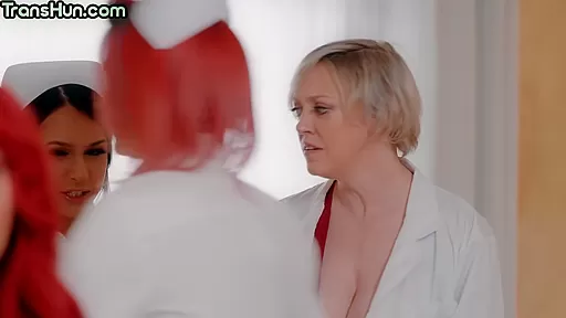 Shemale nurse fucks busty MILF in orgy with redhead TS