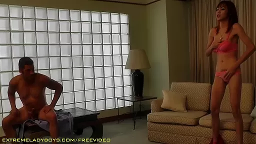 Skinny ladyboy with big tits gets her hairy dick sucked by a dude