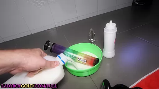 Squirting milk from hot Asian ladyboy Deedee her asshole while fucking her