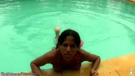 Cheerful teen 18+ shemale shows off sexy ass in thongs poolside
