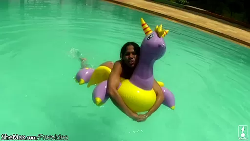 Cheerful teen 18+ shemale shows off sexy ass in thongs poolside