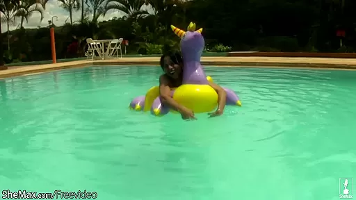 Cheerful teen 18+ shemale shows off sexy ass in thongs poolside
