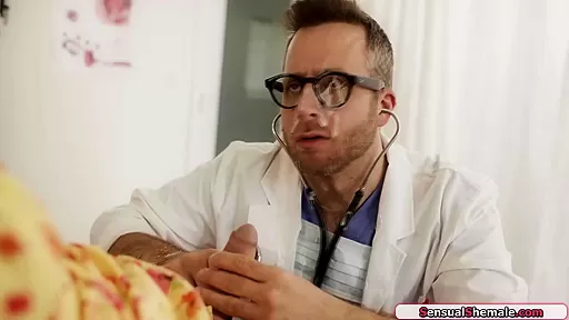 Asian shemale chronic cummer Kasey Kei anal fucks the doctor