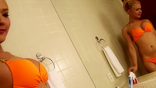 Blond Sexy Ladyboy In Orange Bikini Jerks Off In Bathtub - FemdomAustriaTs