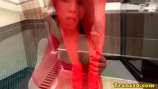 Lingerie tgirl toying ass and masturbating
