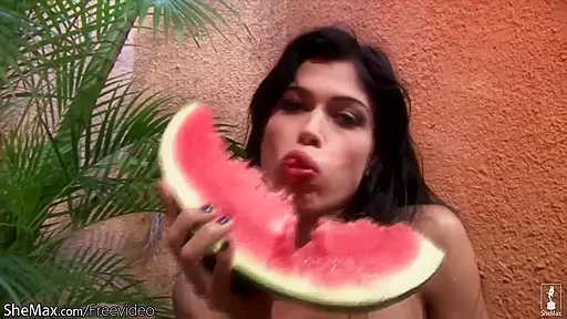 teen 18+ tranny rubs watermelon against her spread ass and jerks