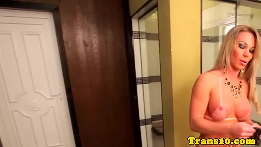 Tanlined latina tgirl jerking her cock bts