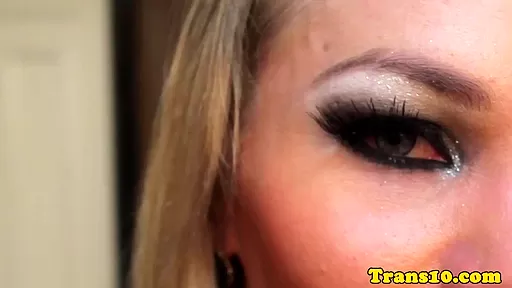Tanlined latina tgirl jerking her cock bts
