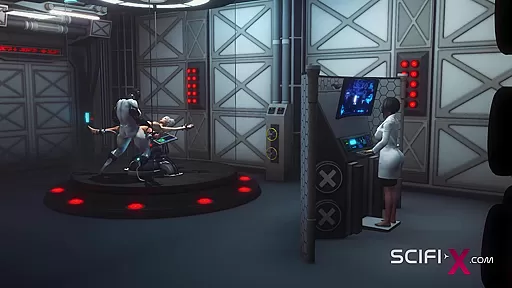 Sci-fi BDSM. Horny young blonde likes to fucks with shemale humanoid android